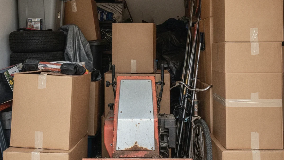 Packed garage interior Cheyenne Wyoming Laramie County after winter snow blower ski gear overflow before spring junk removal Ryan